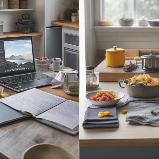A split-screen image featuring a messy kitchen counter with scattered recipe papers and a laptop with a cluttered desktop on the left, and a tidy kitchen counter with a single laptop open to a organized digital recipe book on the right.