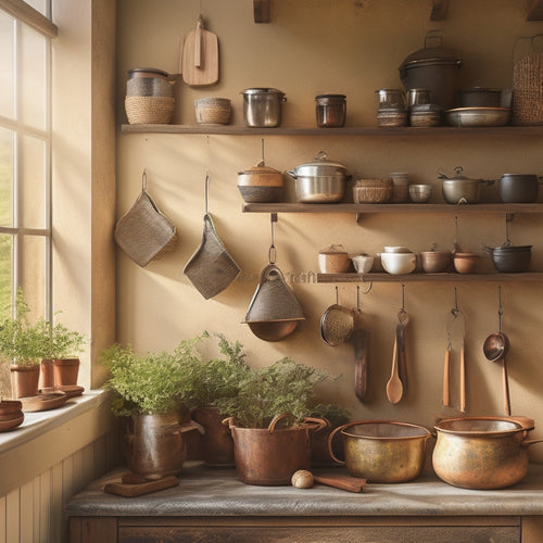 A rustic kitchen wall with a wooden rack displaying an array of hanging utensils, pots, and spices. Bright herbs in ceramic pots adorn the shelf above, with warm sunlight streaming through a nearby window.