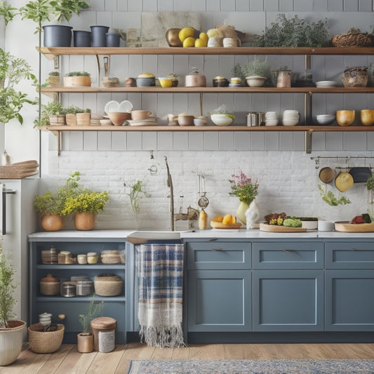A chic kitchen featuring open shelving filled with colorful ceramic jars, wooden spice racks, and hanging pots. A sleek island with pull-out drawers, adorned with potted herbs and a stylish fruit bowl, showcasing organization and elegance.