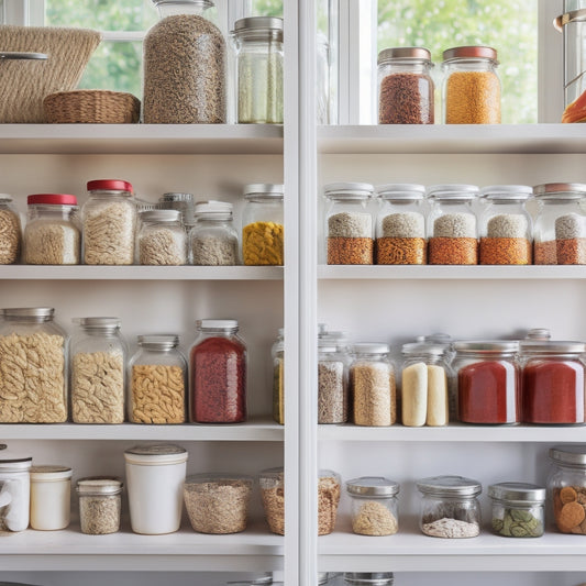A neatly arranged kitchen cabinet with labeled bins, clear glass jars filled with spices, stacked dishes, and colorful dish towels. Soft natural light filters through a nearby window, highlighting the organized space.