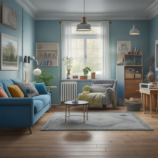 A serene living room with a tidy floor, a first-aid kit on a shelf, a smoke detector on the ceiling, and a secure electrical outlet with a toy-free zone around it.