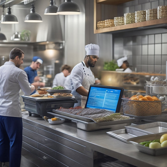 A bustling restaurant kitchen with a tablet displaying a digital inventory dashboard, surrounded by organized shelves, labeled containers, and a chef efficiently preparing a dish with a satisfied expression.