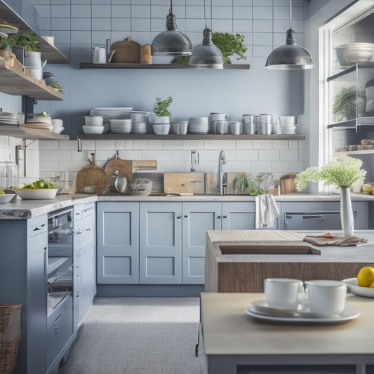 A cluttered kitchen with open cabinets, overflowing shelves, and a countertops littered with utensils, appliances, and food, contrasted with a tidy kitchen island in the background with sleek, minimalist storage.