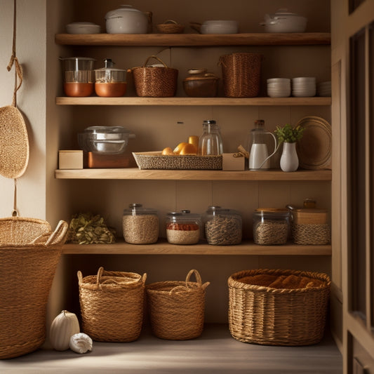 A tidy kitchen pantry with 5-7 woven baskets in various sizes, placed on wooden shelves, holding kitchen essentials like pasta, spices, and cookbooks, surrounded by a soft, warm lighting.