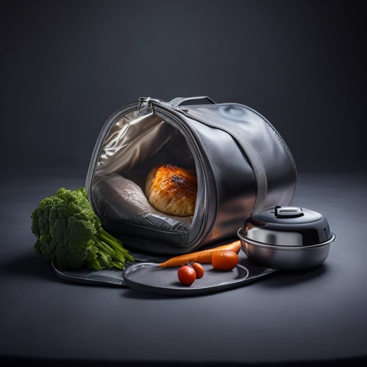 A sleek, silver, electric thermal bag with a modern design, zipped open to reveal a steaming hot meal of chicken and vegetables, on a dark gray background with subtle shadows.