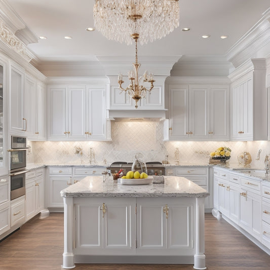 A serene, well-lit kitchen with sleek, white Cabinets To Go units, adorned with ornate hardware, surrounded by gleaming marble countertops, and a stunning crystal chandelier suspended above.