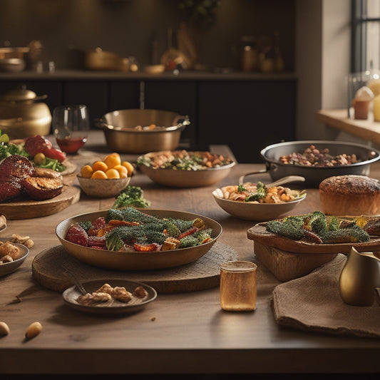 A warm, golden-lit kitchen scene featuring a large, rustic wooden table with a variety of colorful, perfectly arranged sheet pan dishes, including roasted vegetables, golden-brown meats, and sweet treats.