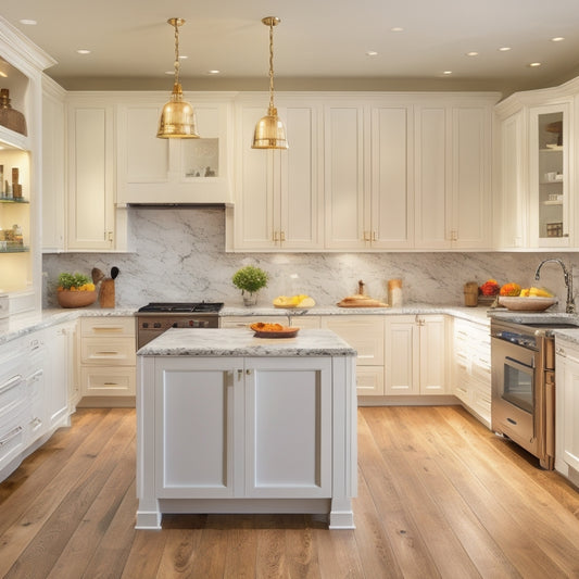 A bright, modern kitchen with sleek white cabinets, a marble countertop, and a large island in the center, featuring a combination of pull-out drawers, shelves, and a built-in spice rack.