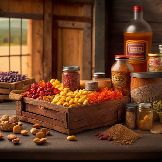 A rustic, wooden crate overflowing with non-perishable food items like canned beans, dried fruits, and energy bars, set against a blurred, earthy background with subtle hints of wilderness.