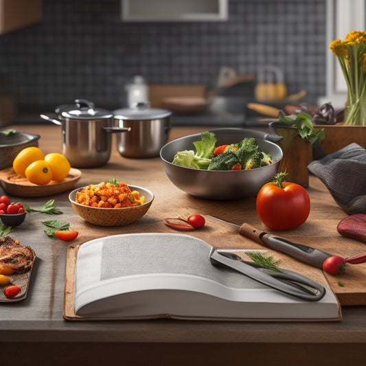 An organized kitchen counter with a utensil holder, a cookbook open to a recipe, a timer, and a chef's knife, surrounded by chopped vegetables and a sizzling skillet in the background.