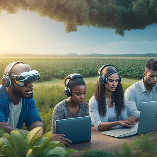 An illustration depicting a futuristic farm with virtual reality headsets, laptops, and tablets surrounded by lush greenery, with a subtle glow of screens reflecting on the faces of diverse students.
