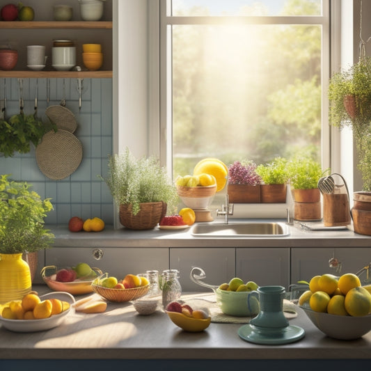 A cozy small kitchen featuring a sleek, expandable dish rack overflowing with colorful dishes, placed next to a sunlit window, surrounded by potted herbs and a vibrant fruit bowl, creating a warm, inviting atmosphere.