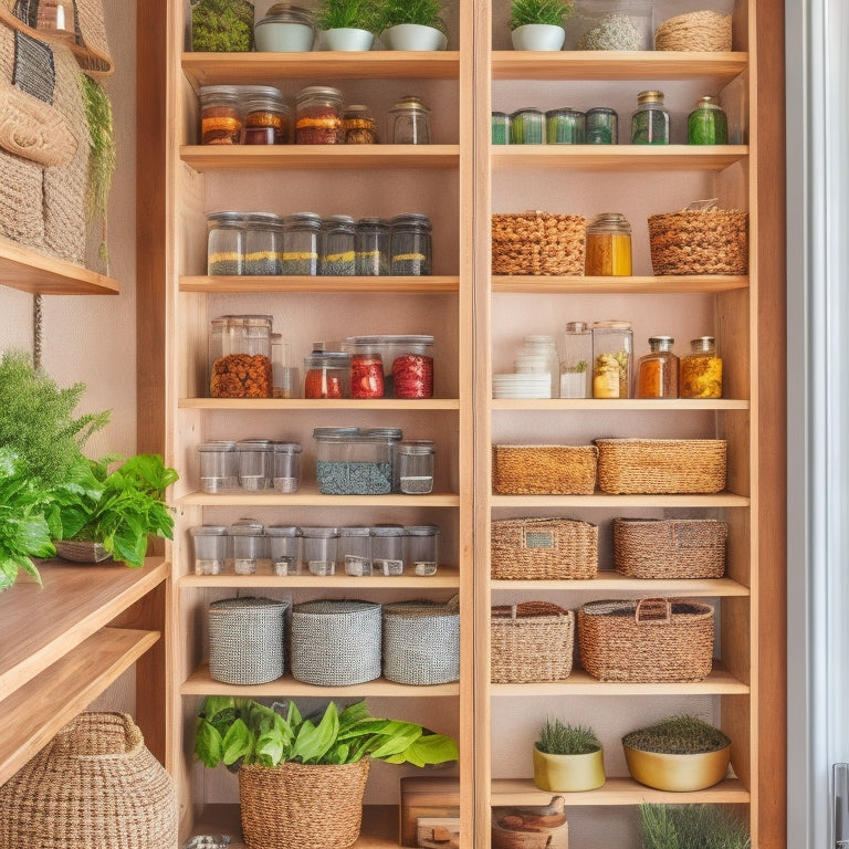 A modern pantry showcasing sleek wooden shelves lined with clear glass jars, labeled containers, and woven baskets, beautifully organized with fresh herbs, colorful spices, and vibrant fruits, all bathed in warm, natural light.