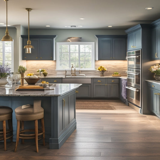 A warm, well-lit kitchen with a large, curved island, lowered countertops, and ample floor space, featuring a mix of comfortable seating areas and accessible appliances in a calming color scheme.