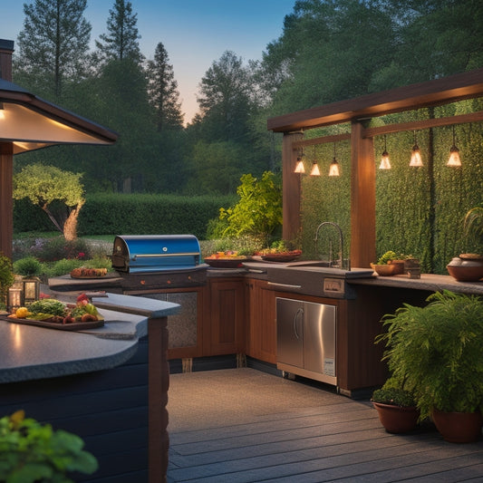 A serene outdoor kitchen scene at dusk, featuring a sleek, dark-stained wood counter with built-in grill, pendant lights, and lush greenery surrounding the space.