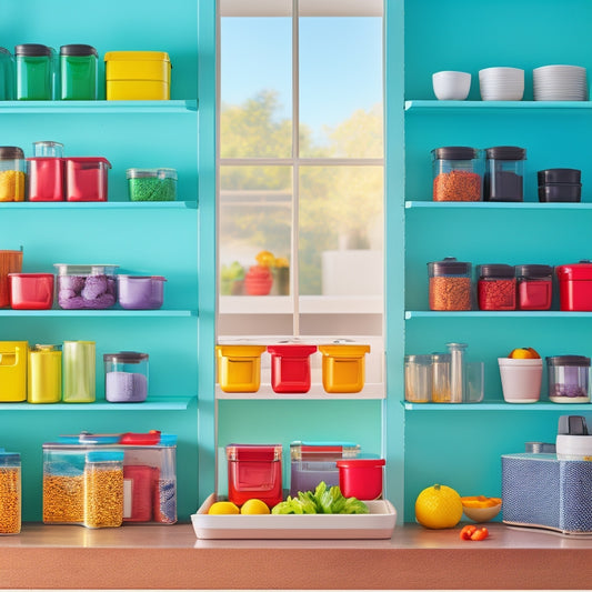 A modern kitchen scene showcasing colorful stackable containers in various sizes, neatly organized on open shelves, surrounded by fresh ingredients and utensils, emphasizing efficient space utilization and a tidy culinary environment.