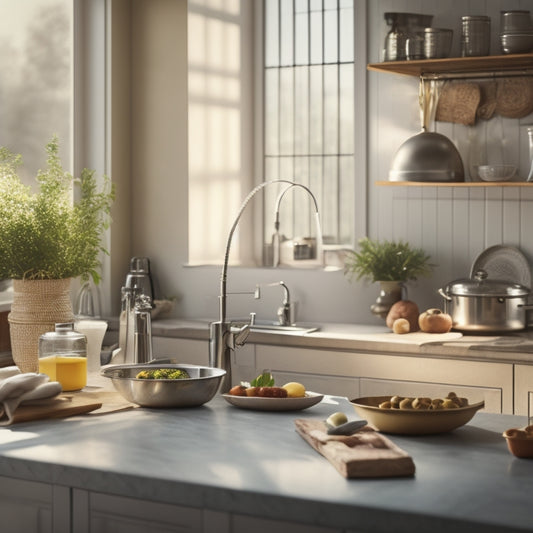 A serene, well-lit kitchen with a few, carefully chosen cooking utensils and appliances on countertops, surrounded by empty space, with a subtle warm glow and a hint of natural sunlight.