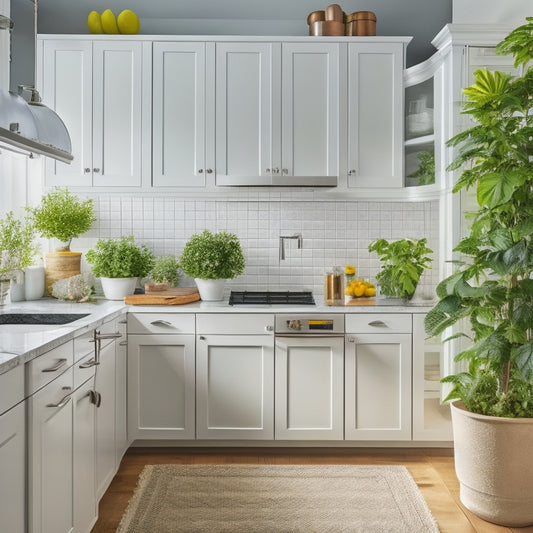 A bright, modern kitchen with sleek white cabinets, a large island, and a stainless steel refrigerator, featuring a perfectly organized utensil drawer, a tidy spice rack, and a few strategically placed plants.