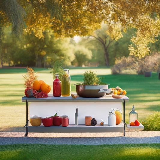 A minimalist outdoor scene featuring sleek, portable foldable kitchen shelves, adorned with vibrant fruits, spices, and utensils, set against a backdrop of a scenic park with soft grass and blooming flowers.