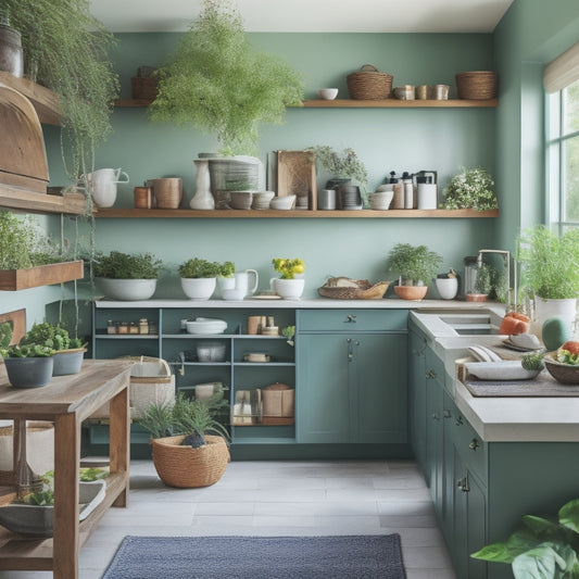 A modern kitchen with a spacious island featuring open shelves filled with neatly arranged dishes, pots, and cookbooks. Stylish baskets hold kitchen tools, while a lush potted herb plant adds a pop of green.
