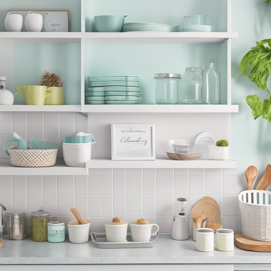 A tidy kitchen with a sleek, white shelf unit, containing neatly arranged digital download printables, such as a utensil organizer, spice labels, and a meal planning calendar, in pastel colors.