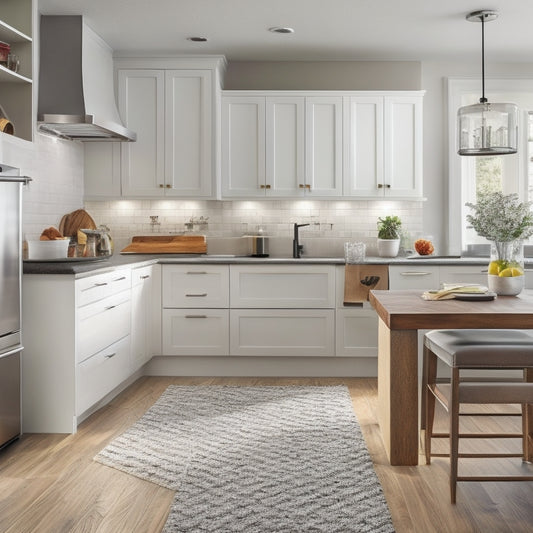 A sleek, modern kitchen with creamy white walls and dark hardwood floors, featuring a compact kitchen cart with a butcher block top, stainless steel handles, and three drawers.