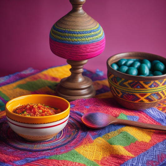 Vibrant colors: a wooden spoon rests on a colorful kente cloth alongside a steaming jollof rice dish, surrounded by African patterned ceramics and a woven basket filled with fresh plantains.