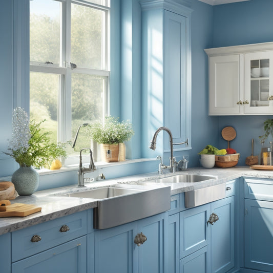 A serene kitchen with tidy countertops, a spotless sink, and a few strategically placed utensils, set against a calming light-blue background, with warm natural light pouring in through a window.