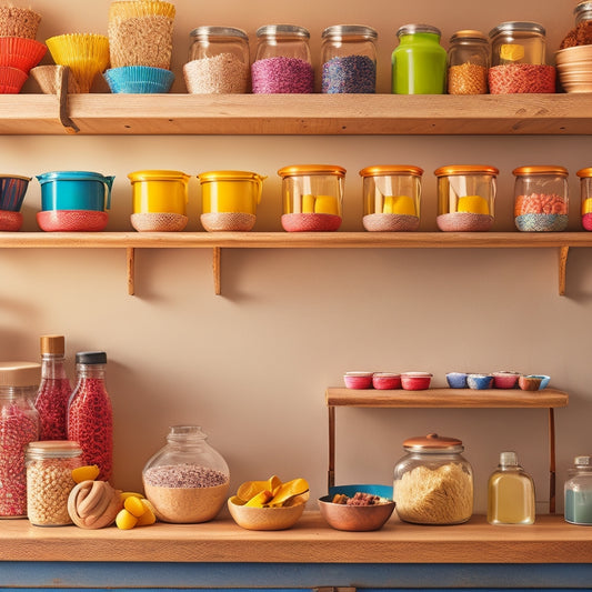 A rustic kitchen wall featuring wooden racks displaying neatly arranged baking supplies: colorful measuring cups, vibrant spatulas, and jars of sprinkles, all set against a backdrop of warm, inviting colors and soft natural light.