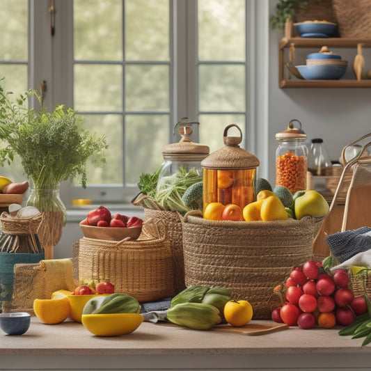 A colorful, well-organized kitchen counter with a mix of fruits and vegetables stored in woven baskets, glass jars, and a tiered wooden stand, surrounded by greenery and a few kitchen utensils.