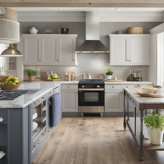 A clutter-free kitchen with a large, sleek island in the center, surrounded by organized shelves and cabinets, with a tablet on the counter displaying a kitchen inventory management app.