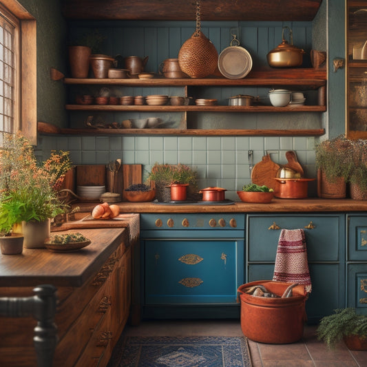 A cozy vintage kitchen with ornate wooden cabinets, warm brass under-cabinet lighting illuminating retro ceramic tiles, and a rustic countertop adorned with potted herbs and vintage cookware, creating an inviting, nostalgic ambiance.
