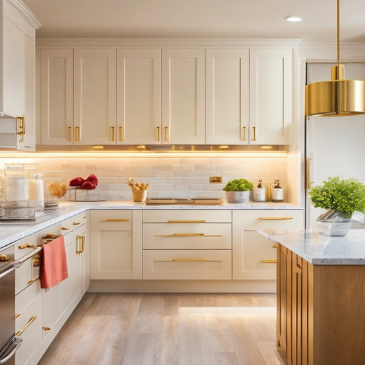 A modern kitchen with creamy white cabinets, accented with brushed gold hardware, featuring a bank of floor-to-ceiling sliding drawers with soft-close mechanisms and interior LED lighting.