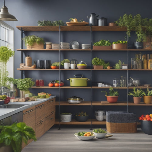 A modern kitchen island featuring open shelves filled with colorful cookbooks, sleek metallic containers, and potted herbs; a butcher block top adorned with fresh vegetables and a stylish hanging pot rack above.