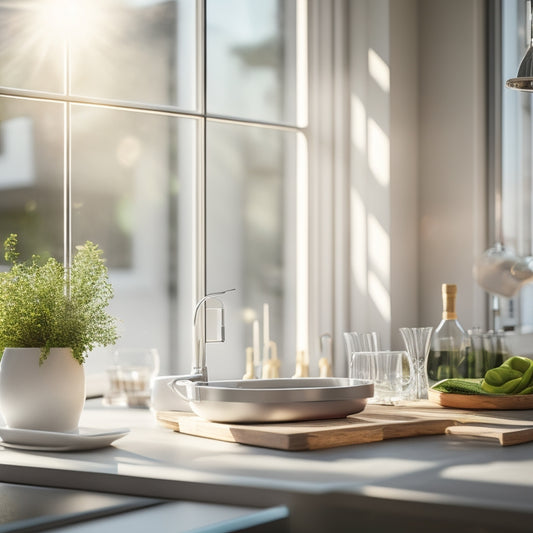 A sleek, modern expandable dish rack with adjustable width, filled with sparkling clean dishes, positioned beside a bright window, showcasing its versatility against a stylish kitchen backdrop with wooden accents and sunlight streaming through.