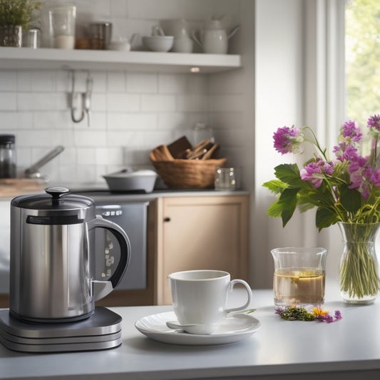 A tidy small kitchen with a few countertops, featuring a single, sleek coffee maker, a small vase with fresh flowers, and a few neatly arranged cookbooks, with a blurred background of kitchen cabinets.