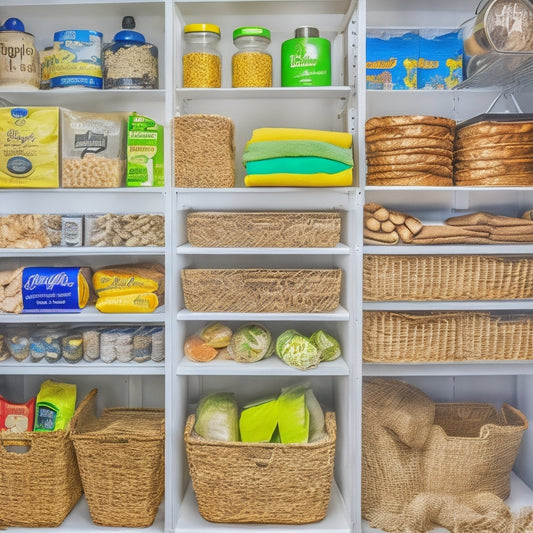A cluttered pantry with expired gluten-free crackers and disorganized shelves transitioning into a tidy, categorized space with labeled baskets, a dedicated gluten-free zone, and a prominent "free from" symbol.