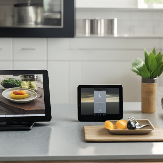 A tidy kitchen counter with a sleek tablet displaying a digital recipe, a wireless charging pad with a smartphone, and a minimalist utensil holder in the background.