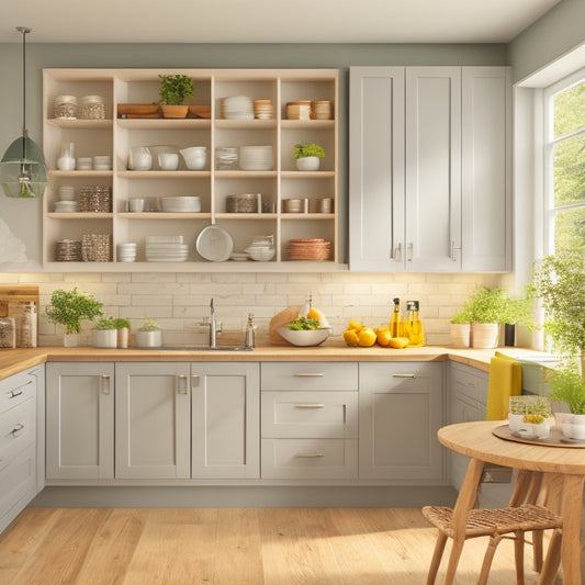 A bright, modern kitchen with sleek, handle-less cabinets in a light gray finish, featuring pull-out shelves, lazy susans, and a built-in spice rack, surrounded by warm, natural wood flooring.