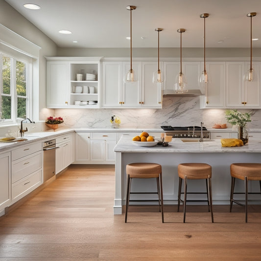 A modern Bergen kitchen with sleek, white cabinets, marble countertops, and a large, center island featuring a built-in cooktop and pendant lighting, surrounded by a warm, natural wood floor.