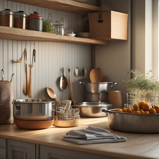 A tidy kitchen with a wooden countertop, featuring a pull-out pot and pan organizer with tiered metal baskets, surrounded by utensil hooks and a subtle warm lighting.