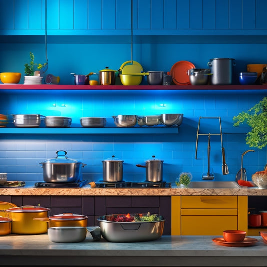 A modern kitchen featuring sleek pull-out shelves filled with various pots and pans, showcasing a mix of stainless steel, cast iron, and colorful cookware, illuminated by warm, inviting lighting.