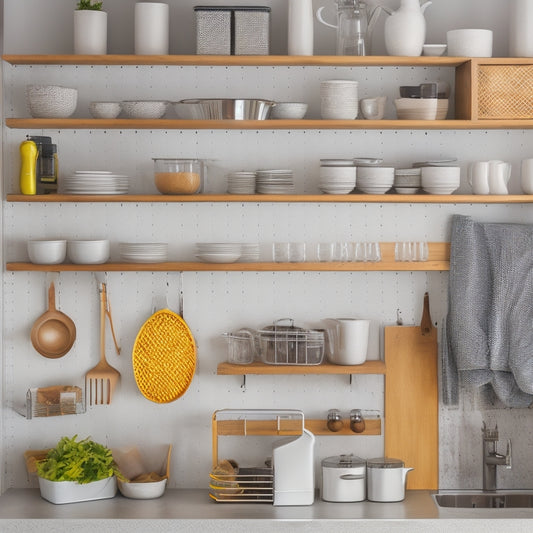 A tidy, modern compact kitchen with a mix of closed cabinets, open shelving, and a pegboard, featuring a utensil organizer, stackable containers, and a pull-out spice rack.