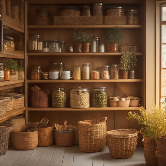A warm, golden-lit pantry with neatly organized jars, baskets, and bins, featuring a prominent wooden spice rack, a few artfully arranged cookbooks, and a small, potted herb plant.