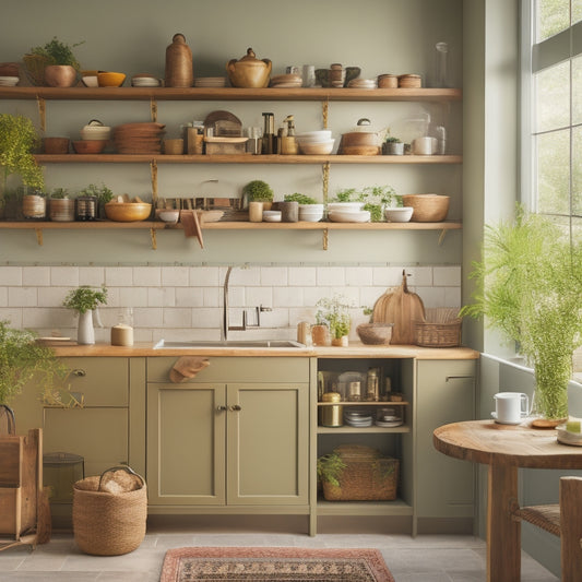 A stylish kitchen with open shelving displaying adjustable shelf inserts, featuring neatly arranged dishes, colorful spices, and decorative plants, all bathed in warm, natural light, creating an inviting and organized atmosphere.