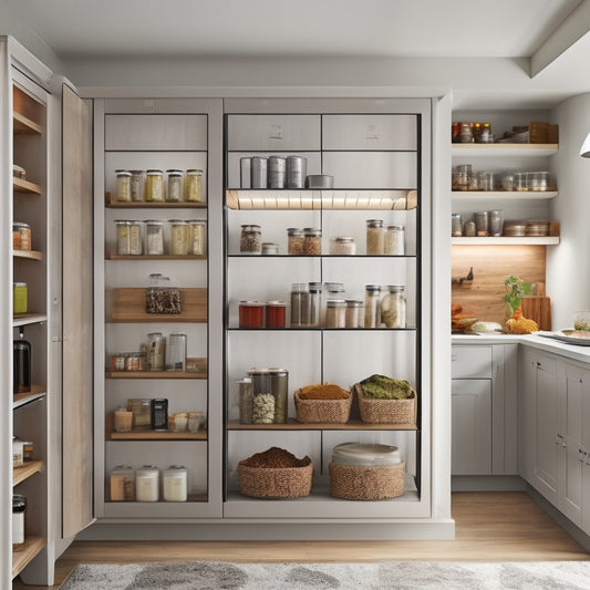 A modern kitchen featuring a sleek, open sliding pantry with organized shelves filled with jars, spices, and canned goods, highlighted by soft, warm lighting and minimalist decor, showcasing easy-access storage solutions.