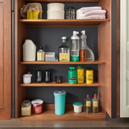A neatly organized under-sink cabinet featuring tiered shelves, clear bins, and a sliding drawer, showcasing various cleaning supplies, bottles, and sponges, all harmoniously arranged within an oddly shaped, dark wood cabinet.