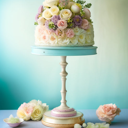A delicate, pastel-hued sugar flower arrangement on a vintage pedestal, surrounded by scattered petals, floral wire, and a few loose sugar blossoms, set against a soft, creamy background.