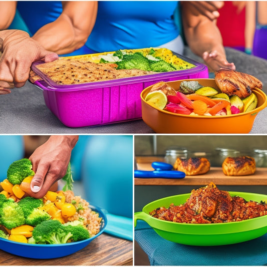A split-screen image featuring a fit person lifting weights in a gym on one side, and a colorful, neatly arranged meal prep container with grilled chicken, quinoa, and steamed vegetables on the other.