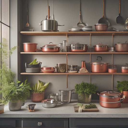 A sleek, modern kitchen featuring an elegant tiered rack, showcasing shiny pots and pans in various sizes. Warm lighting highlights the organized arrangement, with herbs and utensils artfully placed around the rack.